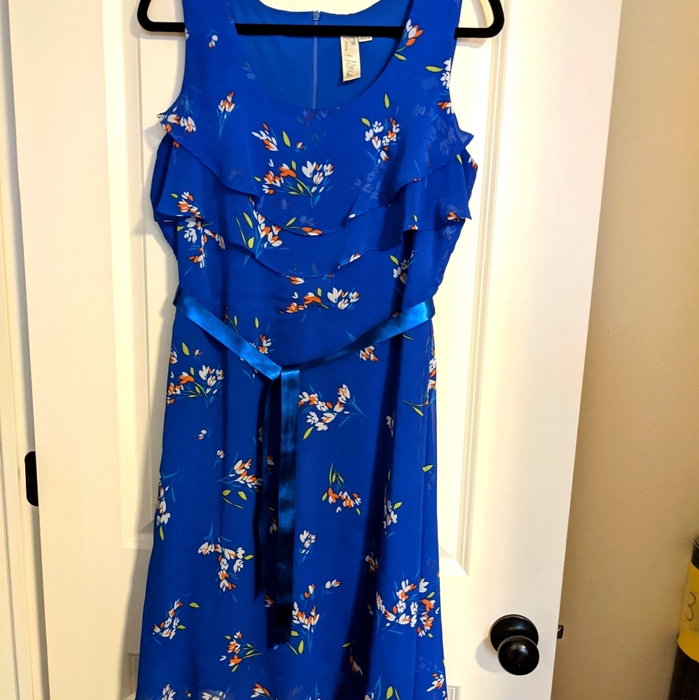 Royal blue, flower-patterned, empire-waist dress